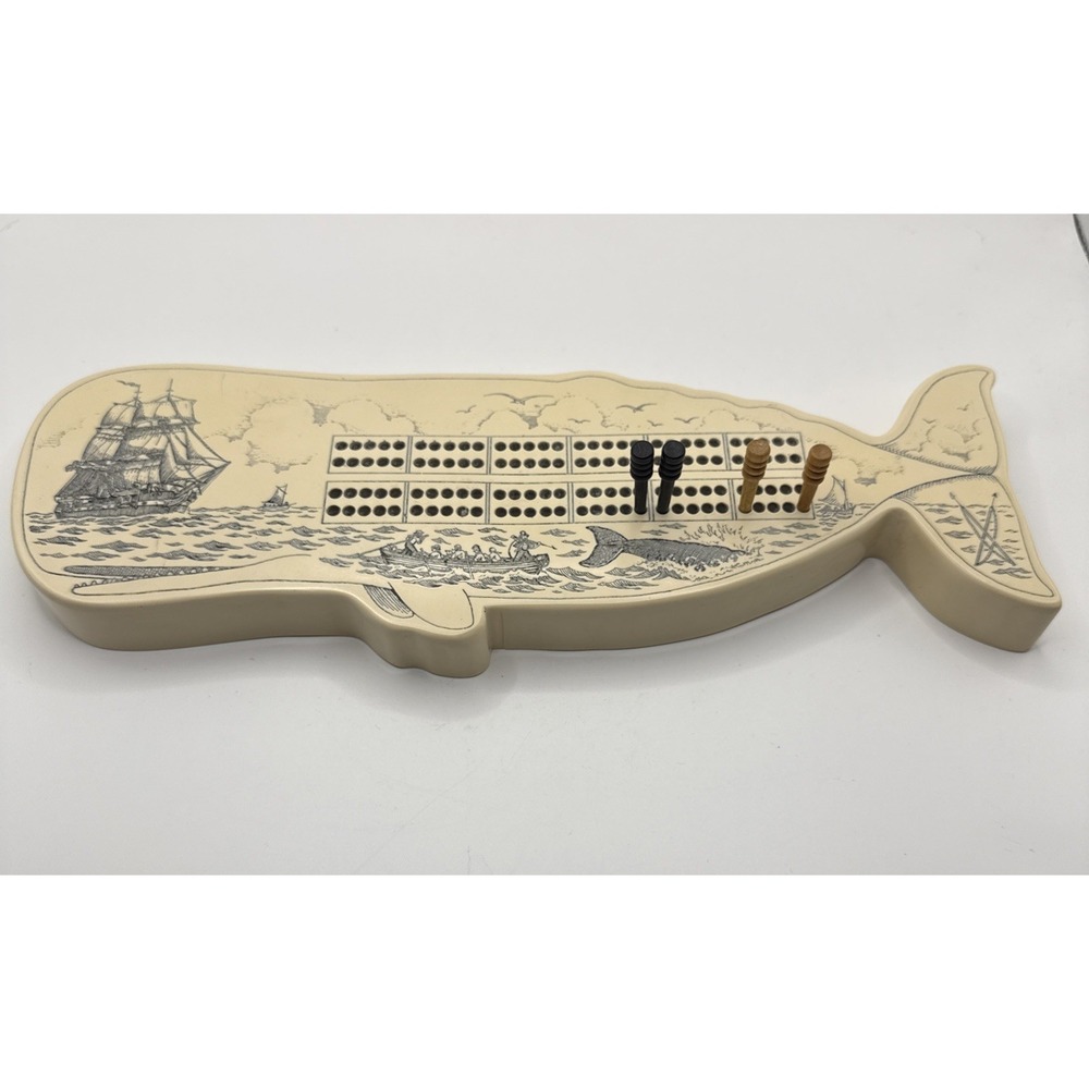 Vintage NCT Faux Ivory Scrimshaw Whale Cribbage Board Whaling Scene w/ 4 Pegs